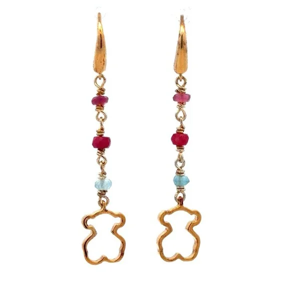 Designer TOUS 925 Sterling Silver Vermeil Aquamarine Amethyst Ruby Drop Earrings - Picture 2 of 12